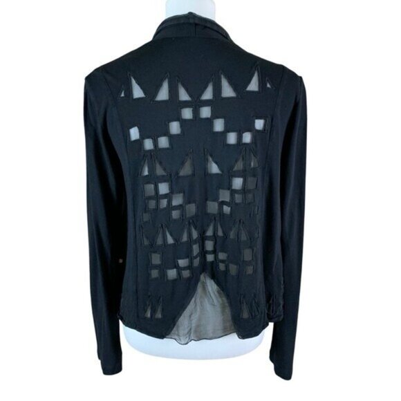 Babakul Black Cardigan Medium Open Front Silk Viscose Cutout Back Geometric - Picture 5 of 7